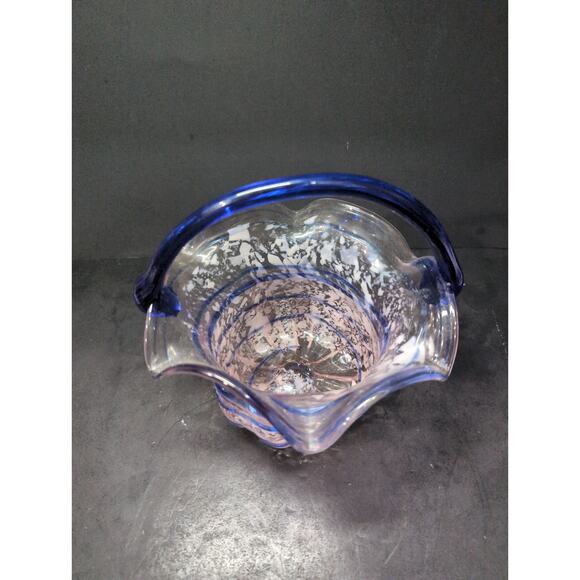 Hand Blown Art Glass Basket w/ Cobalt Blue Spiral White Opalescent Splatter Wavy - Picture 2 of 10